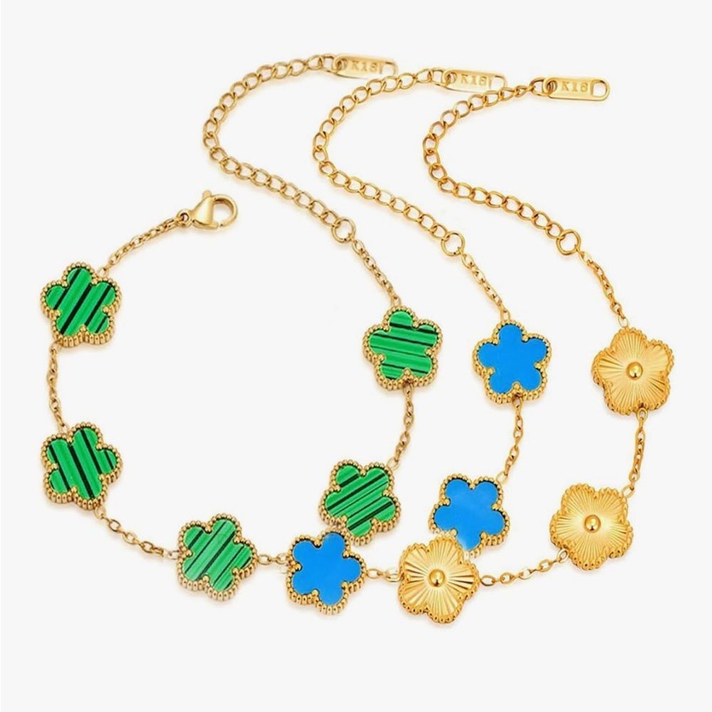 18K Gold Dainty Four Leaf Clover Charm Bracelet Van Cleef Style Set Alhambra 3PC